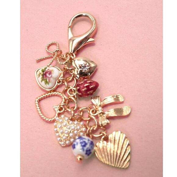 Coquette Porcelain Bows Hearts Pearl Strawberry Bag Charm - Picture 2 of 3